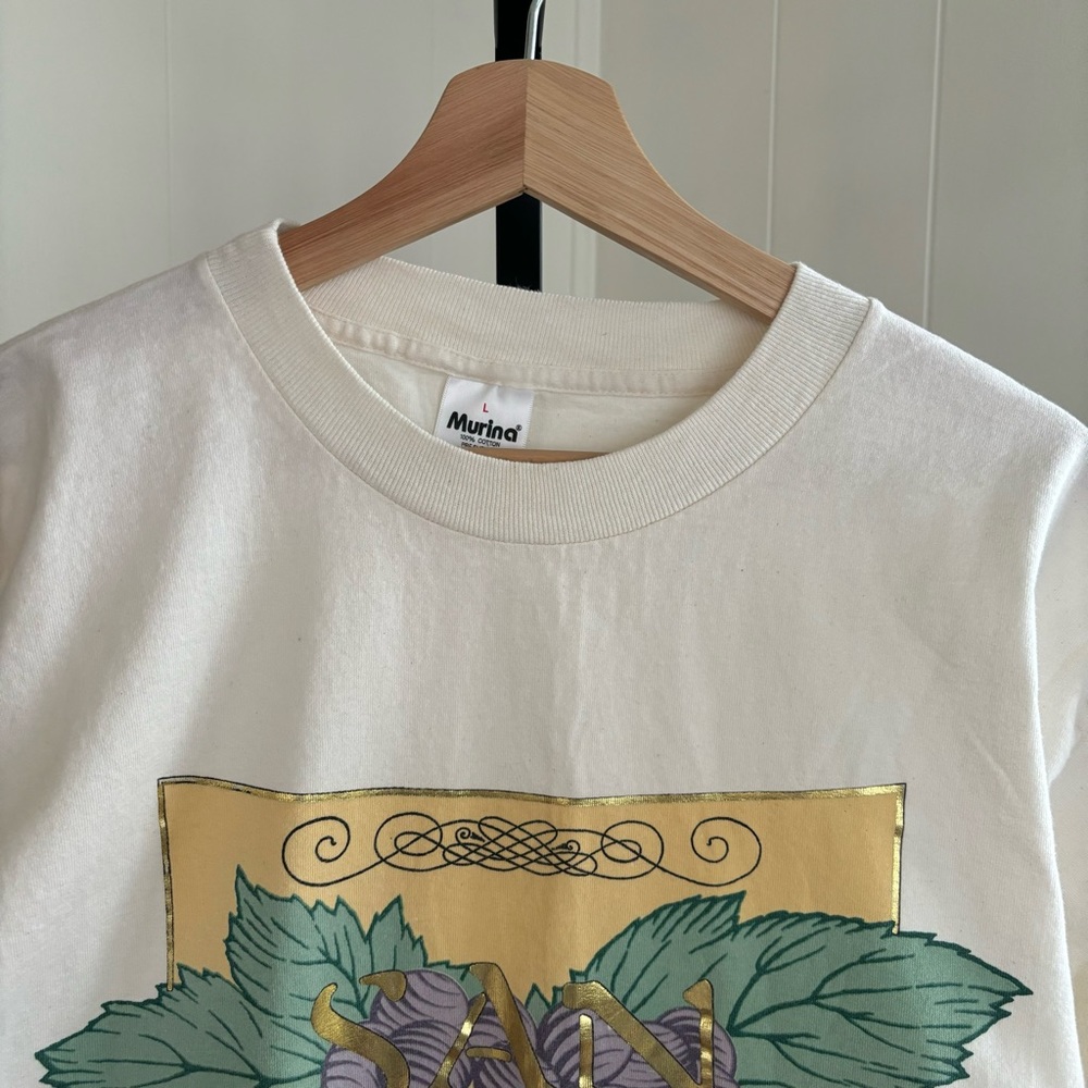 Vtg Murina Cotton Cream White San Jose Wine Country T-shirt Mens Slim Fit Large